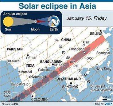 The&nbsp;path&nbsp;of&nbsp;solar&nbsp;eclipse&nbsp;in&nbsp;Asia&nbsp;on&nbsp;January&nbsp;15.&nbsp;For&nbsp;half&nbsp;the&nbsp;world,&nbsp;the&nbsp;Sun&nbsp;will&nbsp;be&nbsp;briefly&nbsp;reduced&nbsp;to&nbsp;a&nbsp;blazing&nbsp;ring&nbsp;surrounding&nbsp;a&nbsp;sombre&nbsp;disk&nbsp;on&nbsp;Friday,&nbsp;when&nbsp;an&nbsp;annular&nbsp;eclipse&nbsp;races&nbsp;from&nbsp;central&nbsp;Africa&nbsp;to&nbsp;eastern&nbsp;Asia,&nbsp;astronomers&nbsp;say.(AFP/Graphic)
