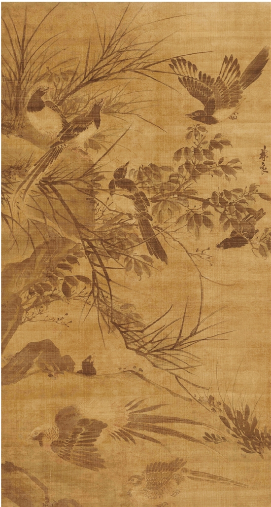 明 林良 秋坡集禽图 155.4×82.3cm 轴 绢本 设色