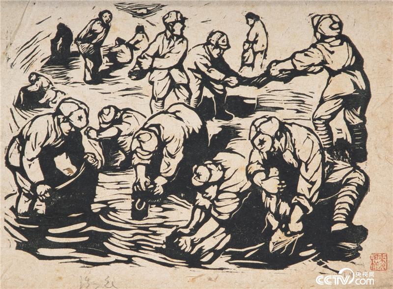 解放军洗衣 木刻版画 13×18cm 1950年 