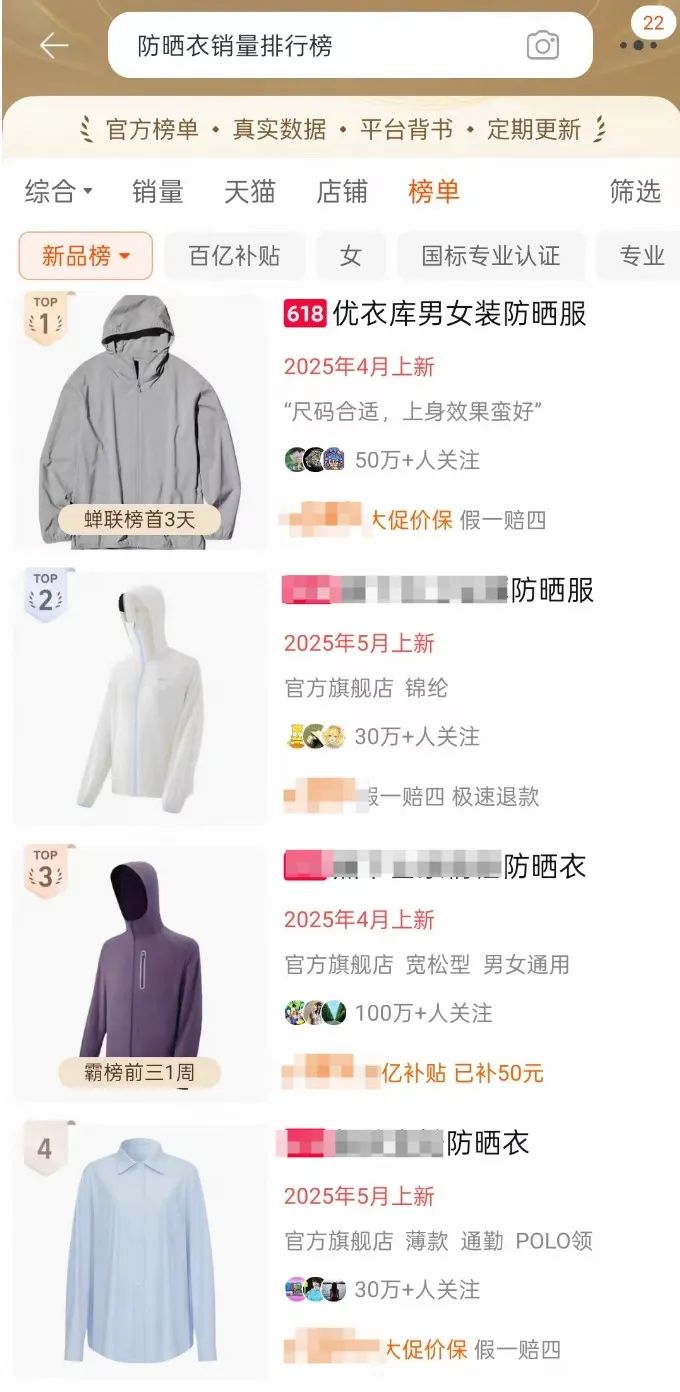 图说：6月17日天猫电商平台防晒衣新品销量榜